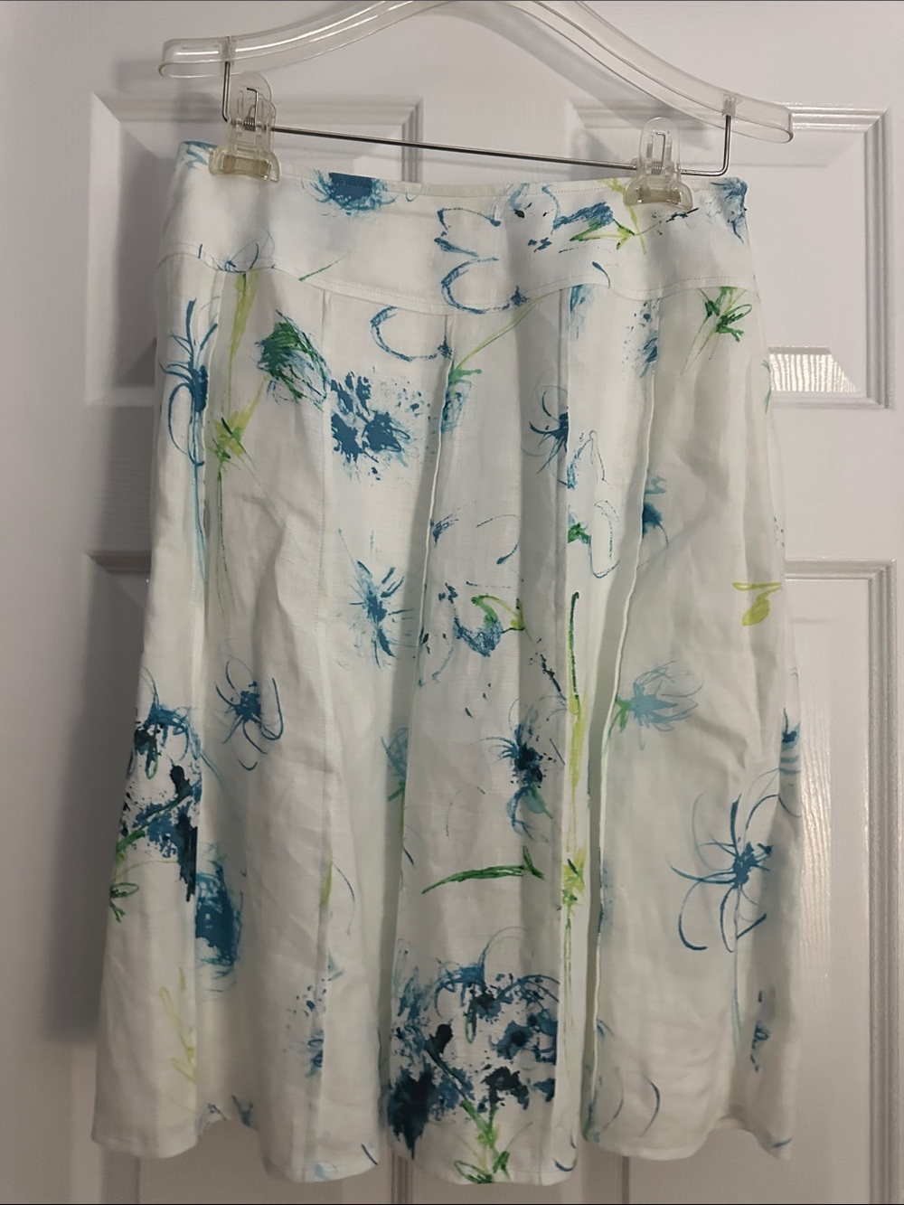 Ann Taylor White A-Line Skirt with Blue & Green Floral Brushstrokes